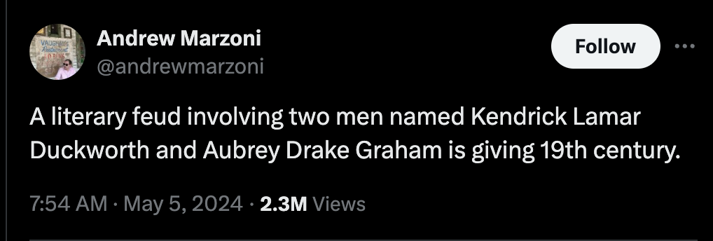 parallel - Vaughans Andrew Marzoni Red ... A literary feud involving two men named Kendrick Lamar Duckworth and Aubrey Drake Graham is giving 19th century. 2.3M Views